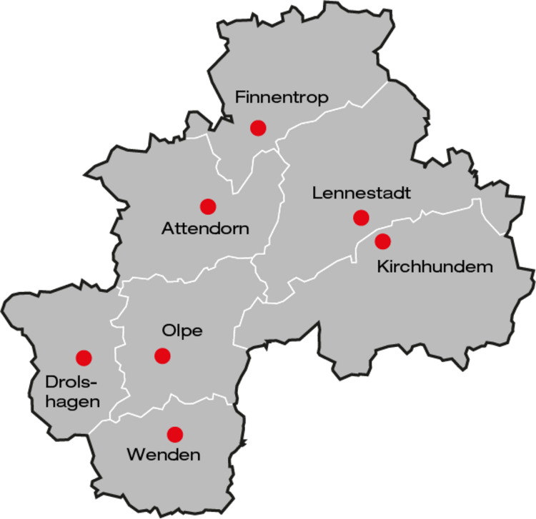 Eine Landkarte mit den DRK-Ortsvereinen im Kreis Olpe